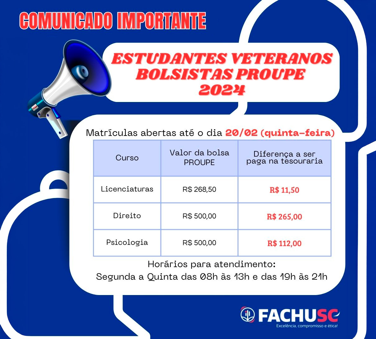 Imagem com chamada para datas de matriculas dos bolsistas do PROUPE.