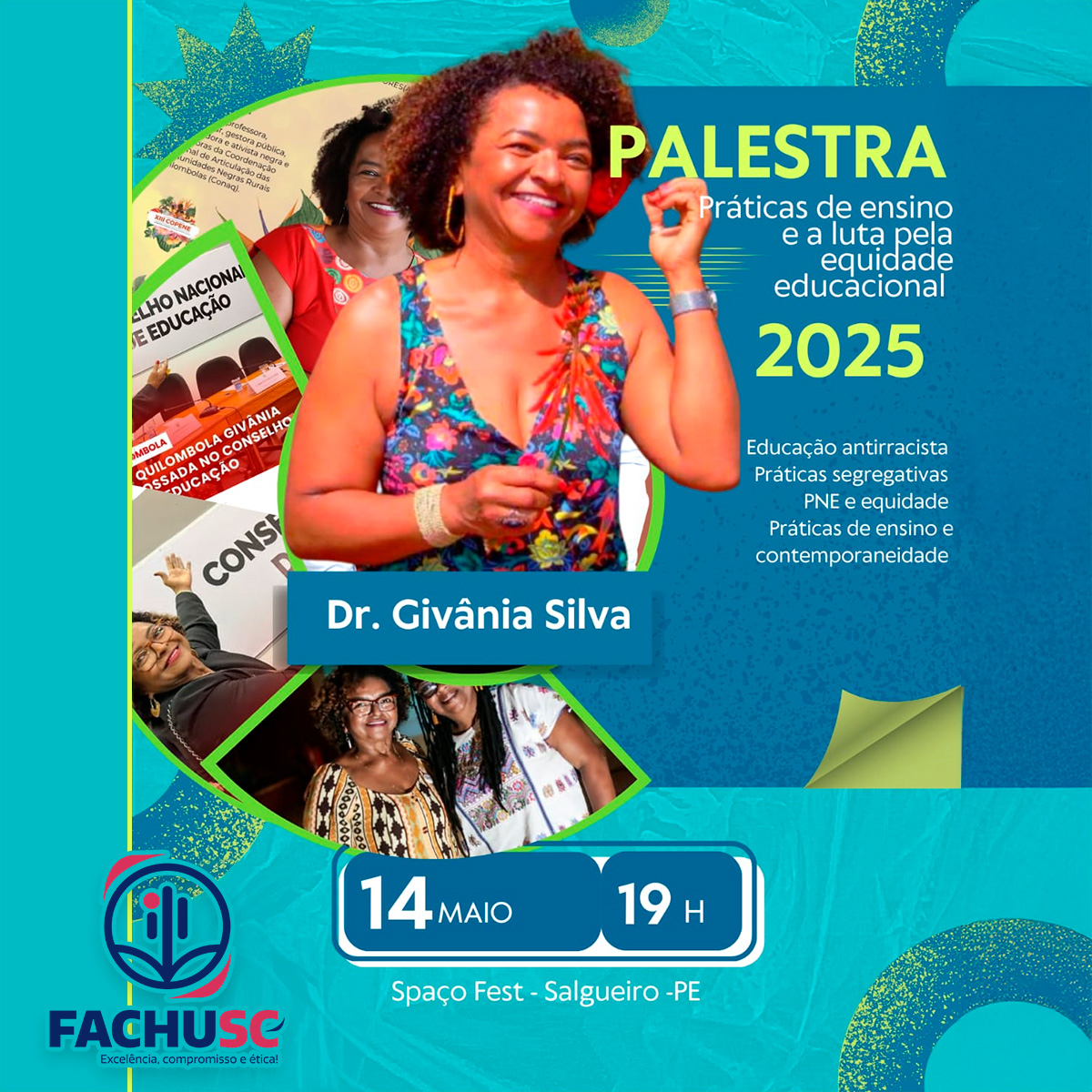Imagem com chamada para a Palestra - Práticas de ensino de e a luta pela equidade educacional.