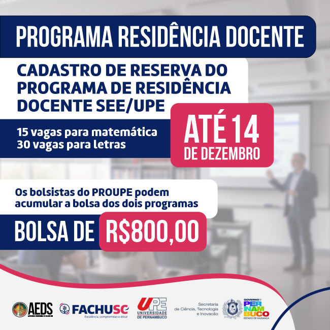 Comando para notícia - Cadastro de Reserva do Programa de Residência Docente - SEE/UPE.