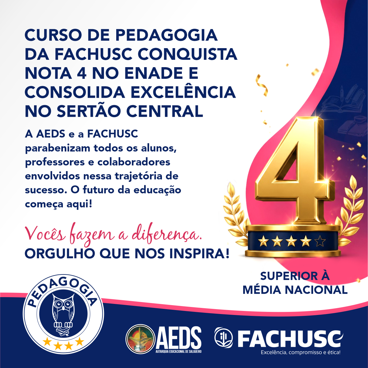 Curso de Pedagogia da FACHUSC conquista nota 4 no ENADE e consolida excelência no Sertão Central