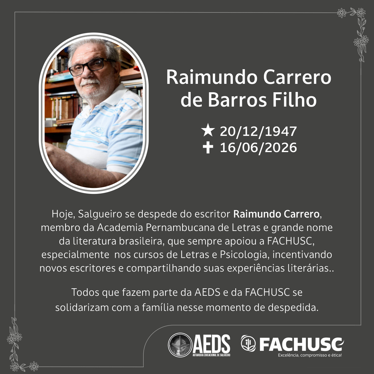Nota de Pesar pelo falecimento de Raimundo Carrero