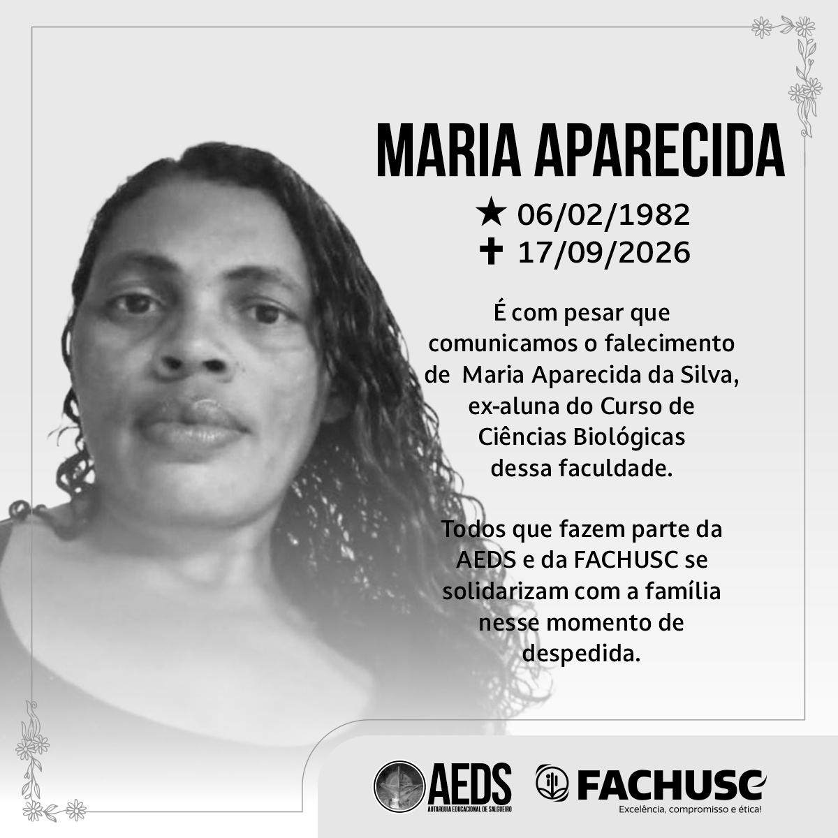 Nota de Pesar pelo falecimento de Maria Aparecida da Silva