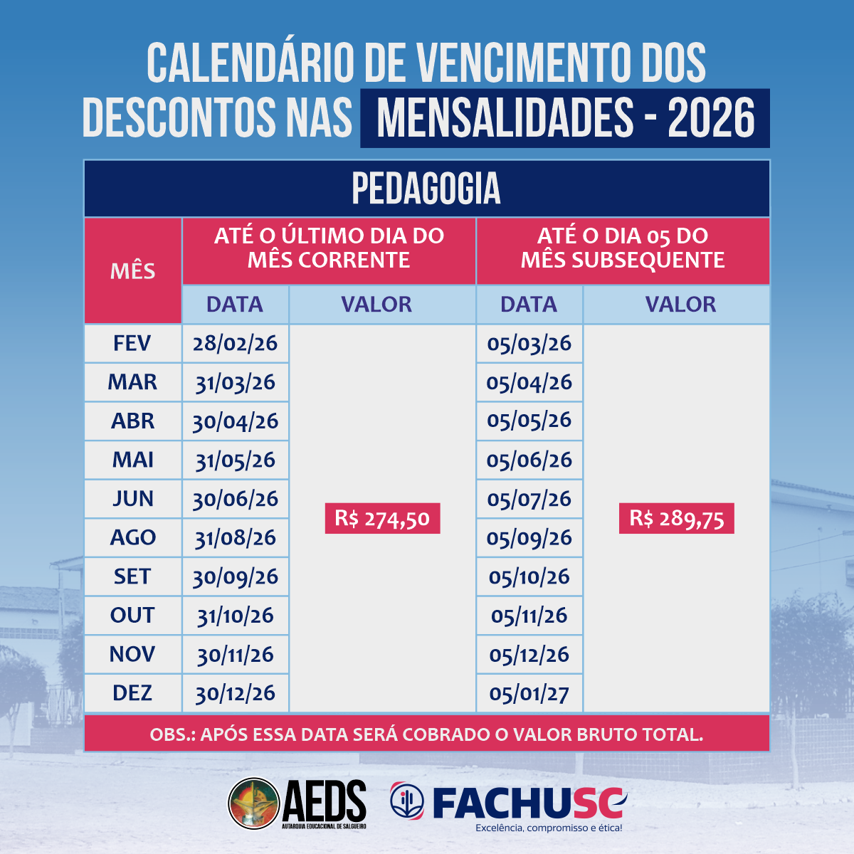 Calendário de Vencimento dos Descontos nas Mensalidades - 2026
