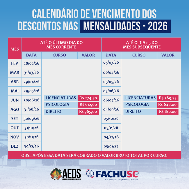 Comando para notícia - Calendário de Vencimento dos Descontos nas Mensalidades - 2026